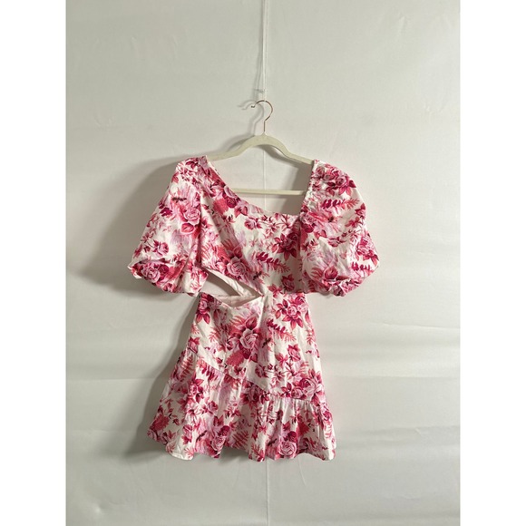 Hello Molly • Floral Cutout Puff Sleeve Square Neck Mini Dress Pink White XS US2 - Picture 2 of 8